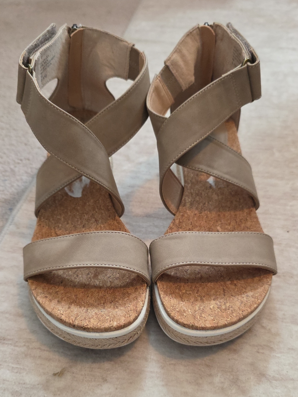 Adrienne Vittadini Taupe Crisscross Cork Wedge Sandals